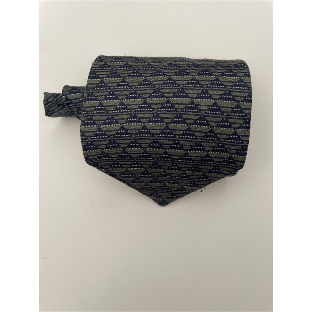 Calvin Klein Mens Silk Tie Green Navy Blue Geometric Triangle Pattern Made in US